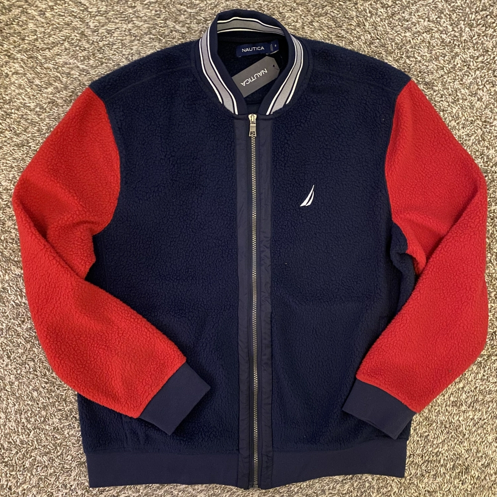Nautica Men’s Full Zip Faux Fur Body Sherpa Navy Blue And Red Jacket Size M